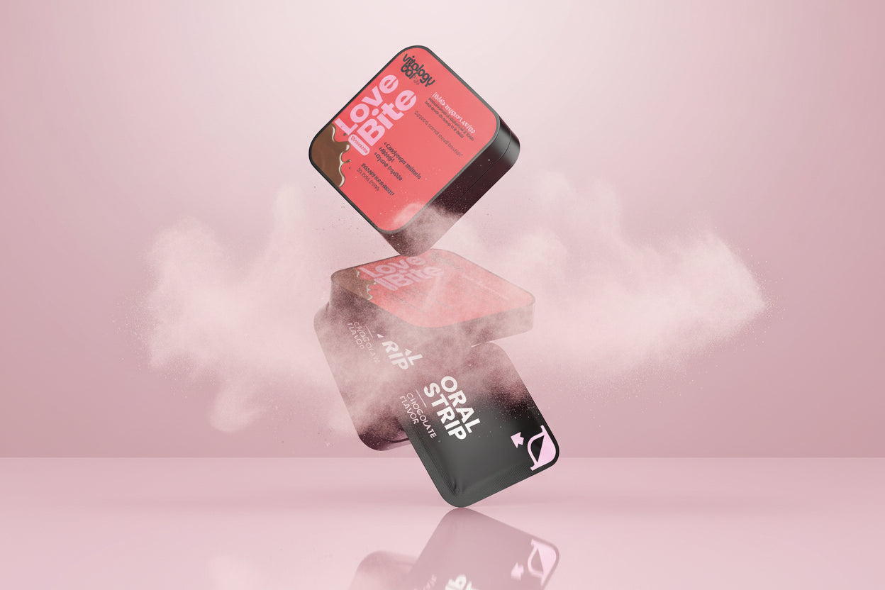 Two oral strip containers with 'Love Bite' and 'RIP Oral Strip' branding on a white background.